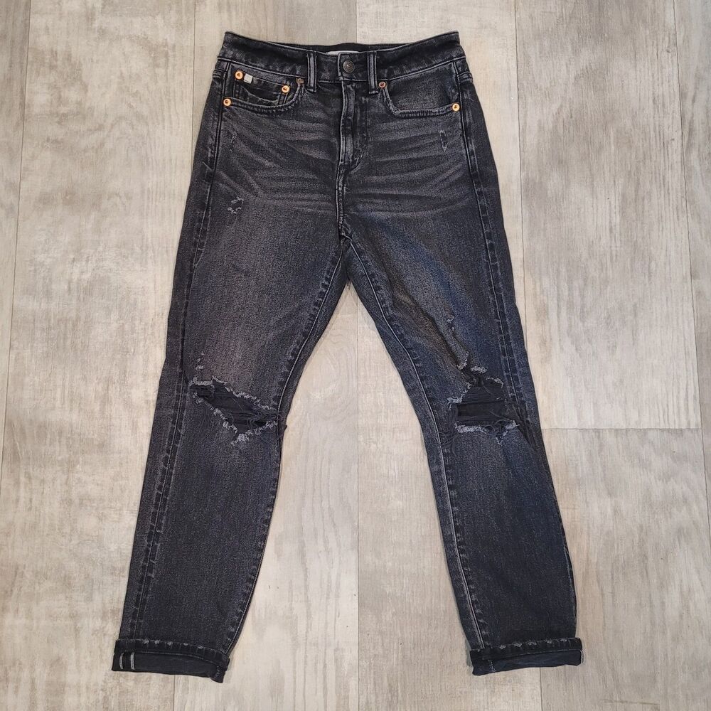American Eagle Mom Jeans Sz 0 Short (25x24) Black Destroyed Cuffed Denim Organic